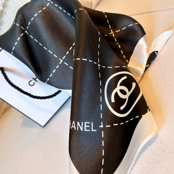 100% SILK Luxury Scarf Designer Logo 20" White on Black Glam Coquette Couture - Picture 2 of 5